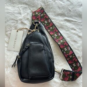 Antik Kraft Black Sling Bag Crossbody Backpack w/ Embroidered Floral Strap – NWT